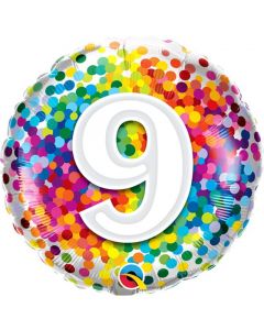 18" Age 9 Rainbow Confetti Round Foil Qualatex