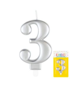 9cm Metallic Silver Number Candles 3 Unique
