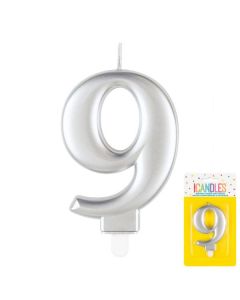 9cm Metallic Silver Number Candles 9 Unique