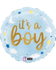 18" It's A Boy Stars And Clouds Blue Round Foil Grabo