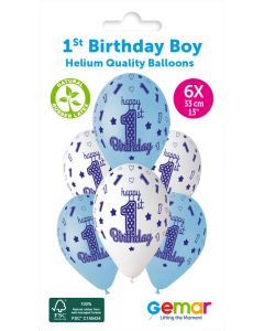 13" 1st Birthday Boy Printed Latex Balloons Pk6 #472 Gemar UK