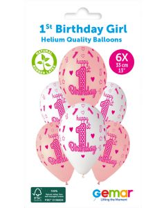 13" 1st Birthday Girl Printed Latex Balloons Pk6 #471 Gemar UK
