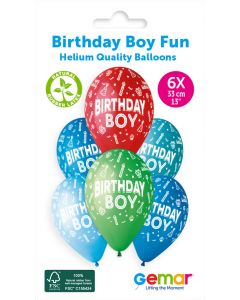 13" Birthday Boy Printed Latex Balloons Pk6 #478 Gemar UK