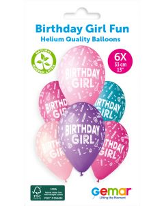 13" Birthday Girl Printed Latex Balloons Pk6 #477 Gemar UK