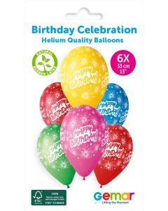 13" Happy Birthday Printed Latex Balloons Pk6 #041 Gemar UK