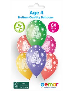 13" Age 4 Printed Latex Balloons Pk6 #850 Gemar UK