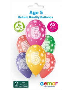 13" Age 5 Printed Latex Balloons Pk6 #851 Gemar UK