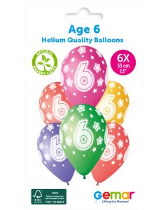 13" Age 6 Printed Latex Balloons Pk6 #852 Gemar UK