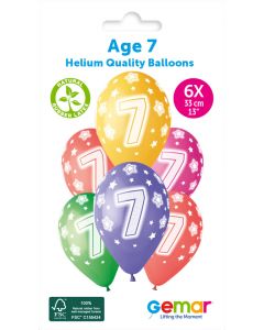 13" Age 7 Printed Latex Balloons Pk6 #855 Gemar UK
