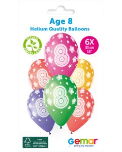13" Age 8 Printed Latex Balloons Pk6 #856 Gemar UK