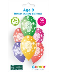 13" Age 9 Printed Latex Balloons Pk6 #857 Gemar UK