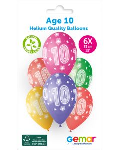 13" Age 10 Printed Latex Balloons Pk6 #860 Gemar UK