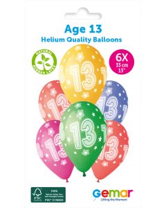 13" Age 13 Printed Latex Balloons Pk6 #874 Gemar UK