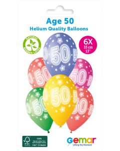 13" Age 50 Printed Latex Balloons Pk6 #873 Gemar UK