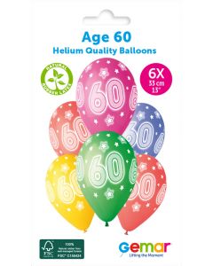 13" Age 60 Printed Latex Balloons Pk6 #931 Gemar UK