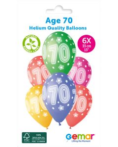 13" Age 70 Printed Latex Balloons Pk6 #932 Gemar UK