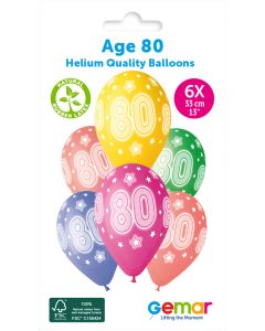 13" Age 80 Printed Latex Balloons Pk6 #933 Gemar UK