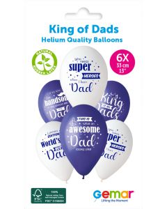 13" King Of All Dads Printed Latex Balloons Pk6 #1234-1235-1236-1237-1238 Gemar UK