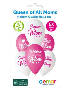 13" Queen Of All Moms Printed Latex Balloons Pk6 #1239-1240-1241-1242-1243 Gemar UK