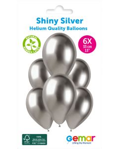 13" Shiny Silver Latex Ballons Pk6 #089 Gemar UK