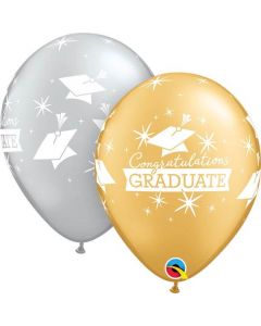11" Gold & Silver Congratulations Graduate Latex Balloons 25pk Qualatex