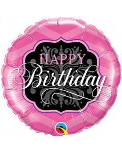 09"  Round Bday Pink & Black Foil Balloon Qualatex