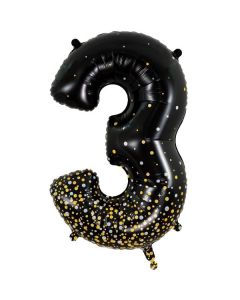 34" Number 3 Holographic Black Gold Foil Balloon Oaktree