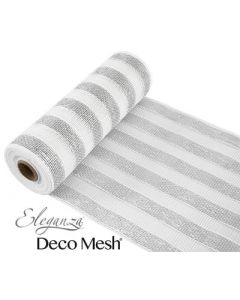 25cm X 9m Metallic Silver White Stripe Deco Mesh Eleganza