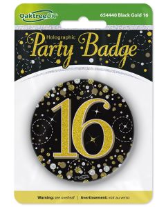 3" Badge 16th Birthday Sparkling Fizz Black Gold Holo
