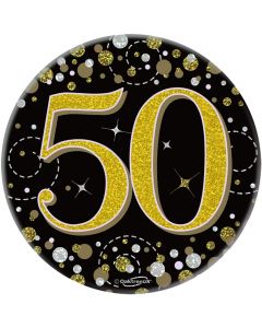 3" Badge 50th Birthday Sparkling Fizz Black Gold Holo