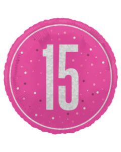 18" Age 15 Pink & Silver Glitz Round Foil Unique