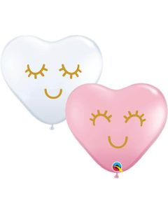 11" Heart Eyelashes Pink & White Latex Balloons 50pk Qualatex