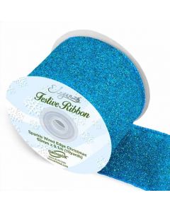 63mm Eleganza Sparkle Wired Edge Ribbon Aqua Blue