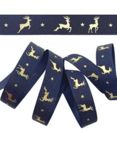 15mm Reindeer Flight Ribbon Navy/Gold On 20M Reel