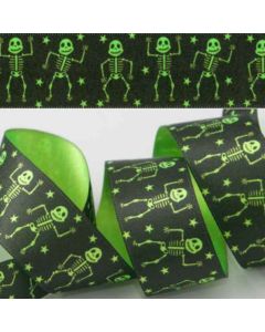 25mm Dancing Skeleton Green/Black Ribbon 20m Reel