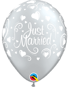 11" Silver Just Married Hearts Latex 25pk Qualatex