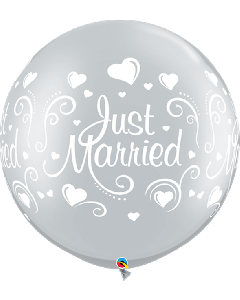 30" Silver Just Married Hearts Latex 2pk Qualatex