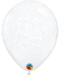 11" Clear Filigree & Hearts Latex Balloons 50pk Qualatex