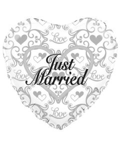 18" Silver & White Just Married Heart Foil Oaktree