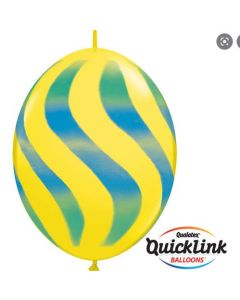 12" Wavy Stripes Yellow & Blue Q-Link Latex Balloons 50pk Qualatex