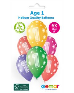 13" Age 1 Printed Latex Balloons Pk6 #844 Gemar UK