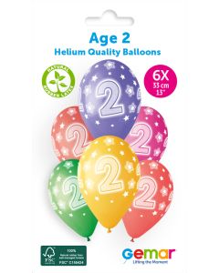 13" Age 2 Printed Latex Balloons Pk6 #847 Gemar UK