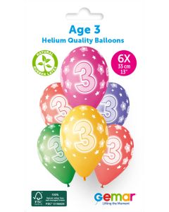 13" Age 3 Printed Latex Balloons Pk6 #848 Gemar UK