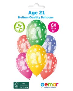 13" Age 21 Printed Latex Balloons Pk6 #877 Gemar UK