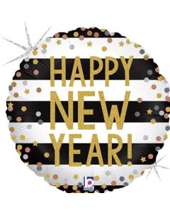 18" Round Happy New Year Confetti  Glitter Holographic Grabo