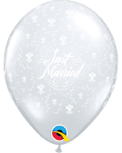 5" Diamond Clear Just Married Flowers Latex 100pk Qualatex