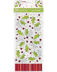 20 Holly Gift Bags With Twist Ties Unique
