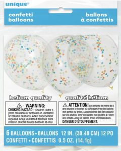 12" Clear Latex with Colourful Confetti 6pk Unique