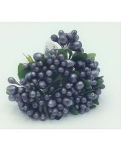 12 Mini Berries Cluster With Leaves Metallic Grey