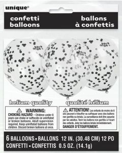 12" Clear Latex with Black Confetti 6pk Unique